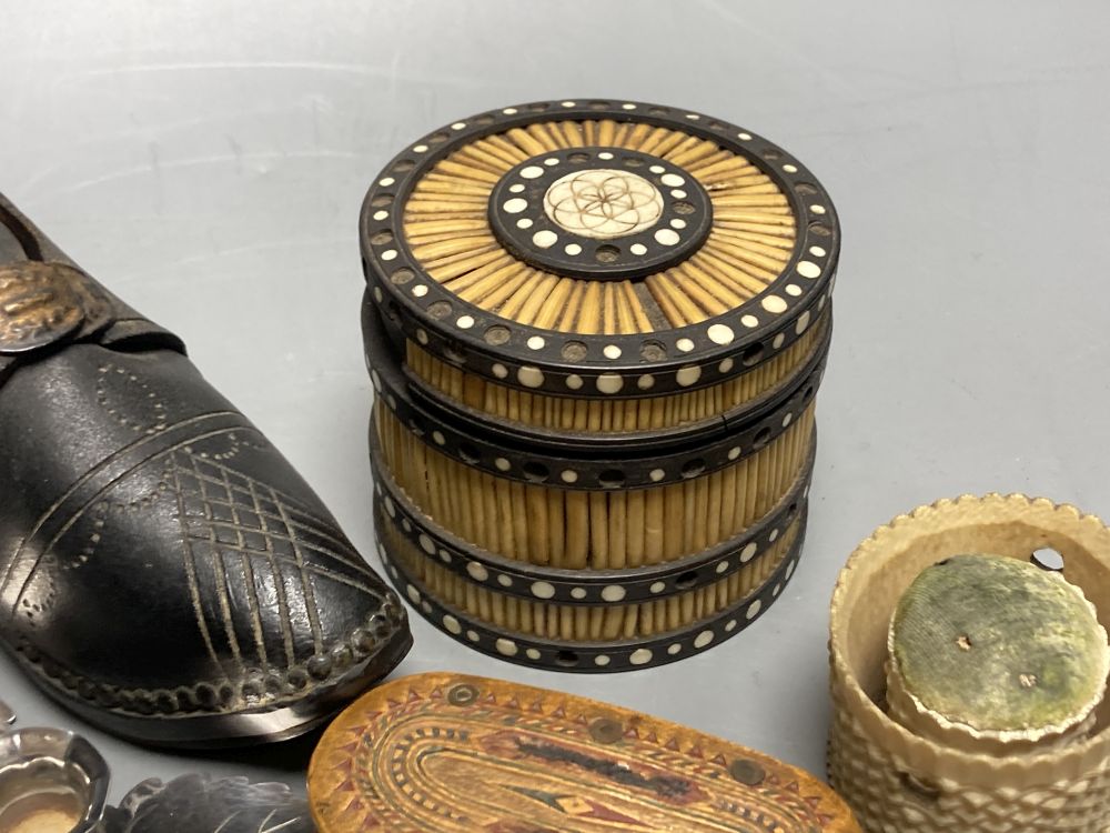 A quantity of collectables including ivory aide memoires, a circular quill box, etc.